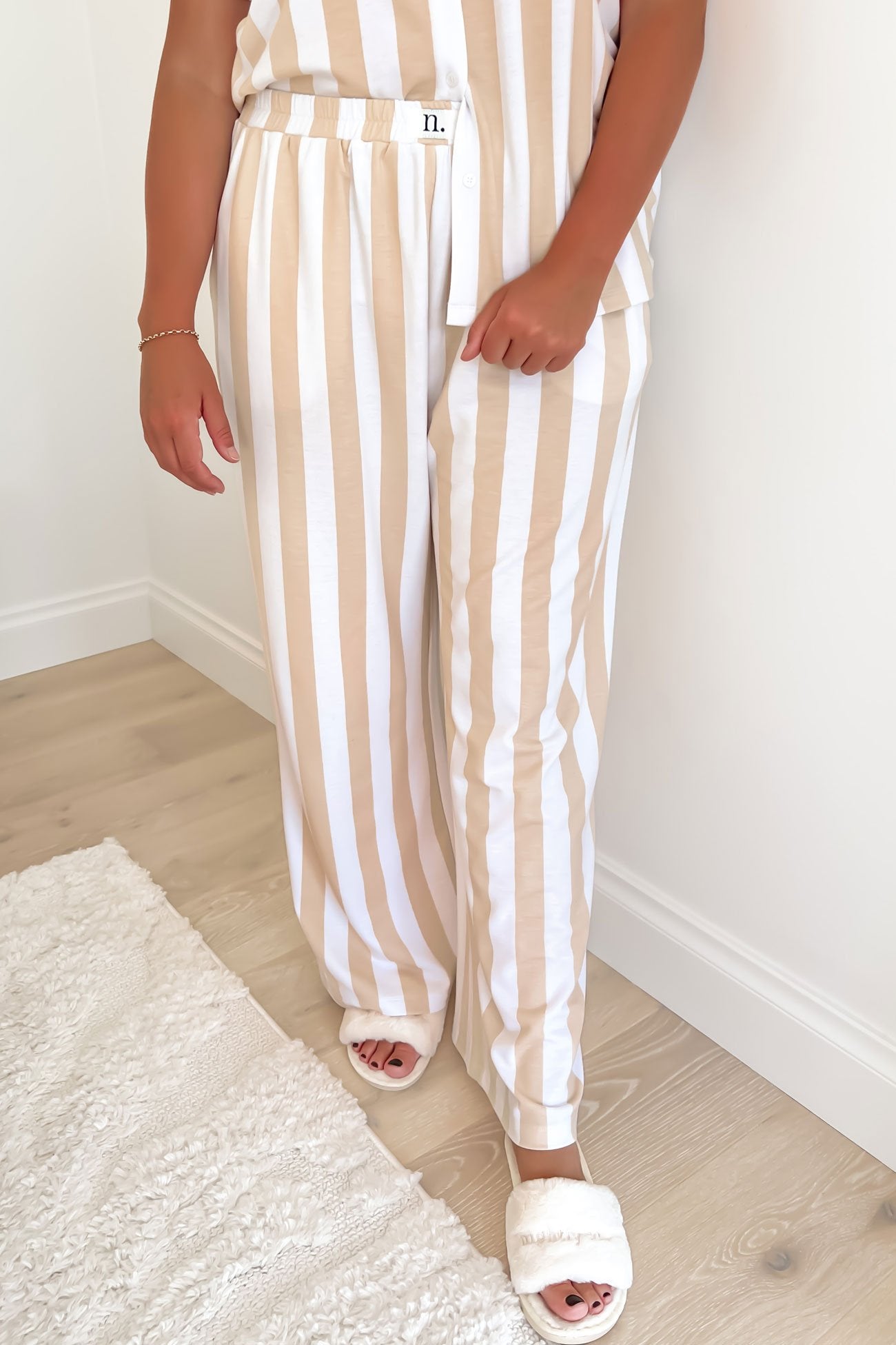 Vacay Comfort Long PJ Set Beige White Stripe - Nightly Co.