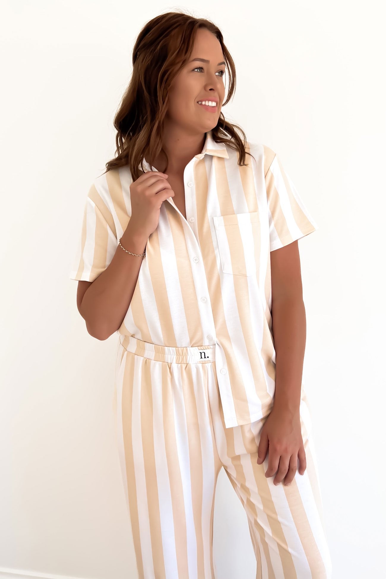 Vacay Comfort Long PJ Set Beige White Stripe - Nightly Co.