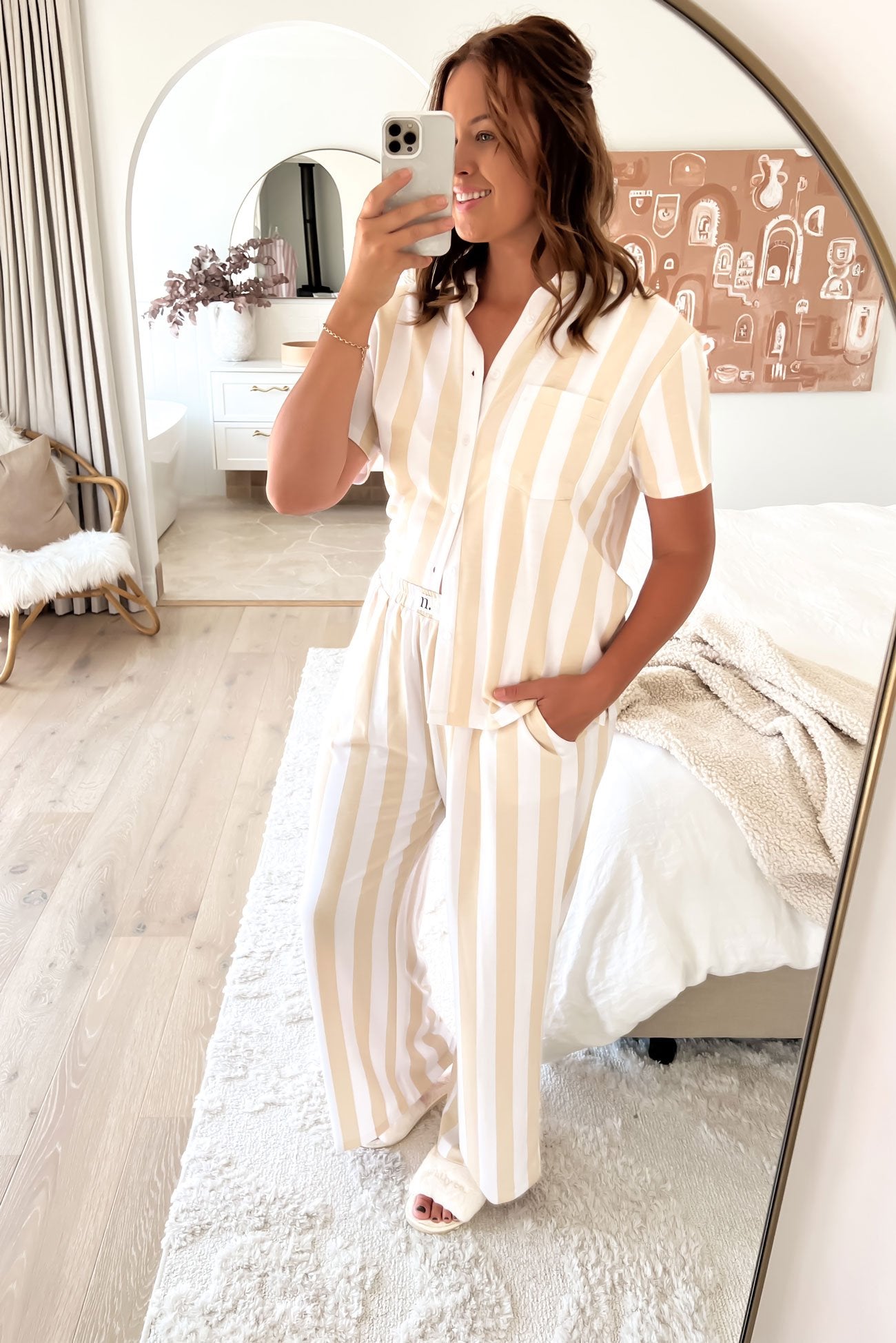 Vacay Comfort Long PJ Set Beige White Stripe - Nightly Co.