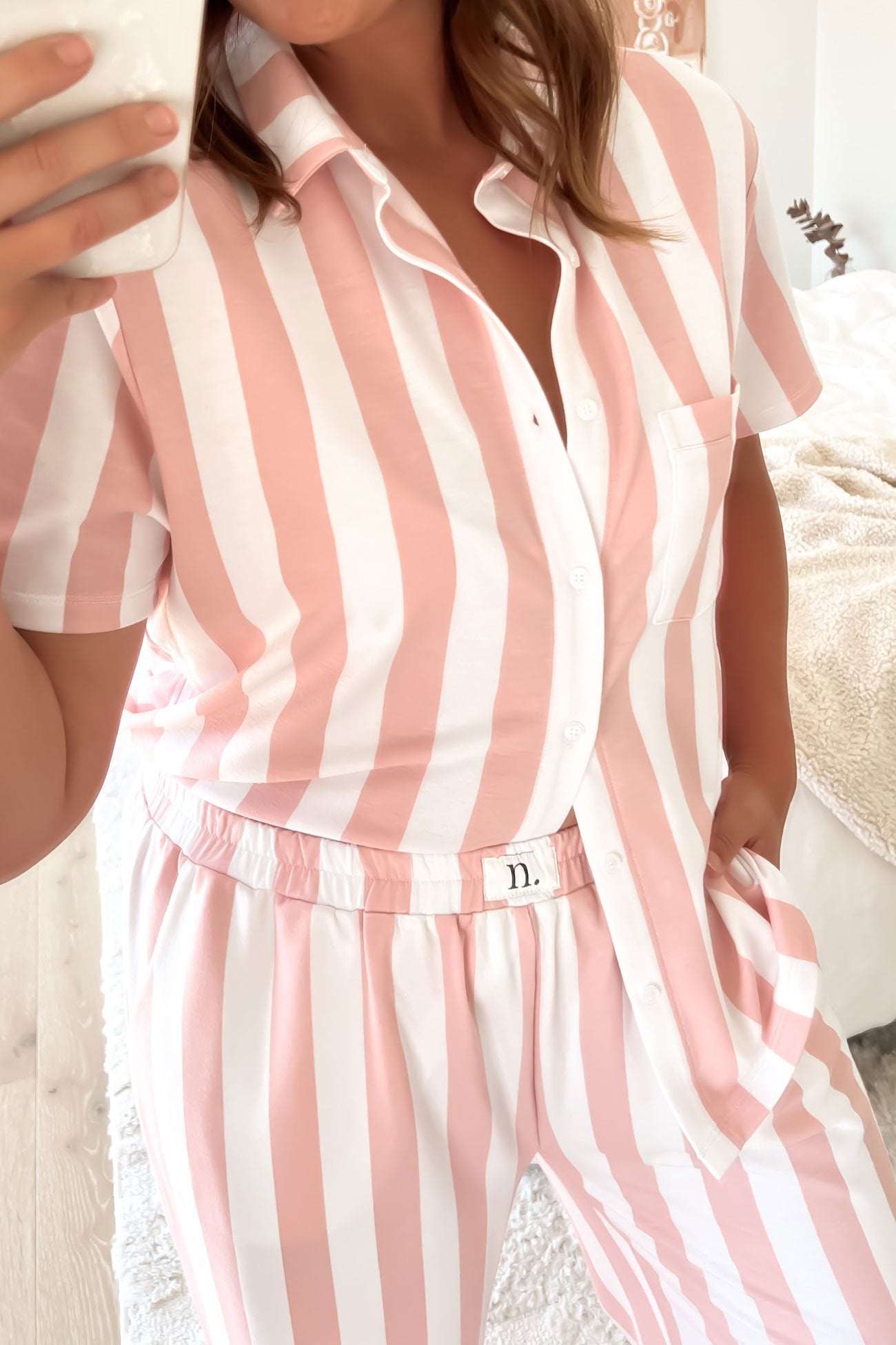 Vacay Comfort Long PJ Set Pink White Stripe - Nightly Co.